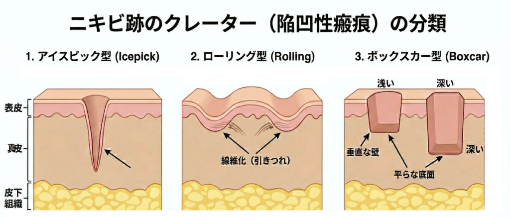 ニキビ跡のクレーター（陥凹性瘢痕）の分類の絵